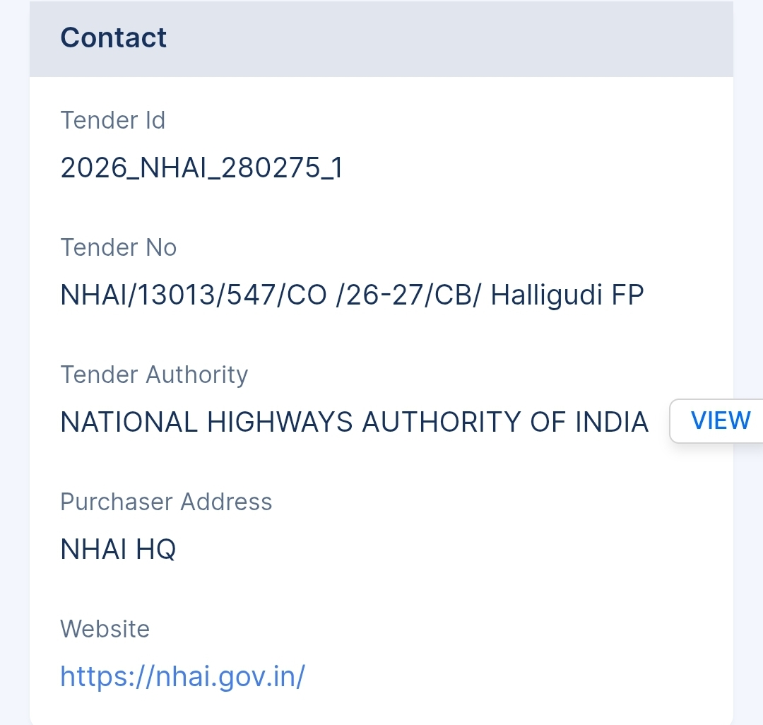National Highways Authority Of India - NHAI Tender - Karnataka Tender
