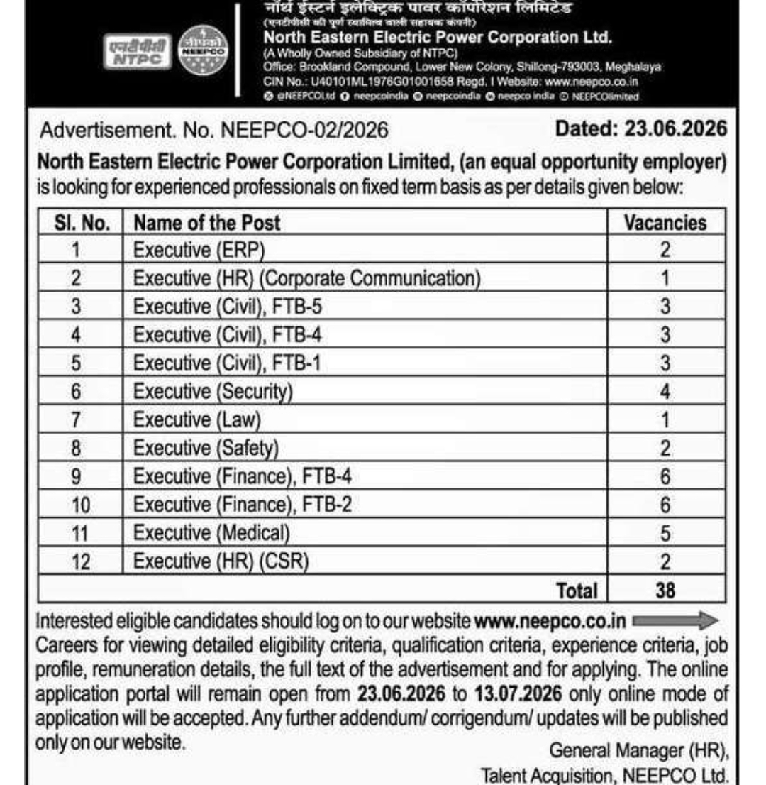 NEEPCO Recruitment 2026: Apply Online for 38 Executive Posts on Fixed Term Basis