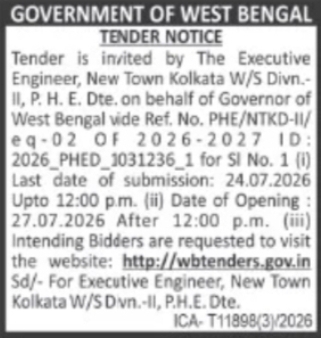 New Town Kolkata Water Supply Division Tender