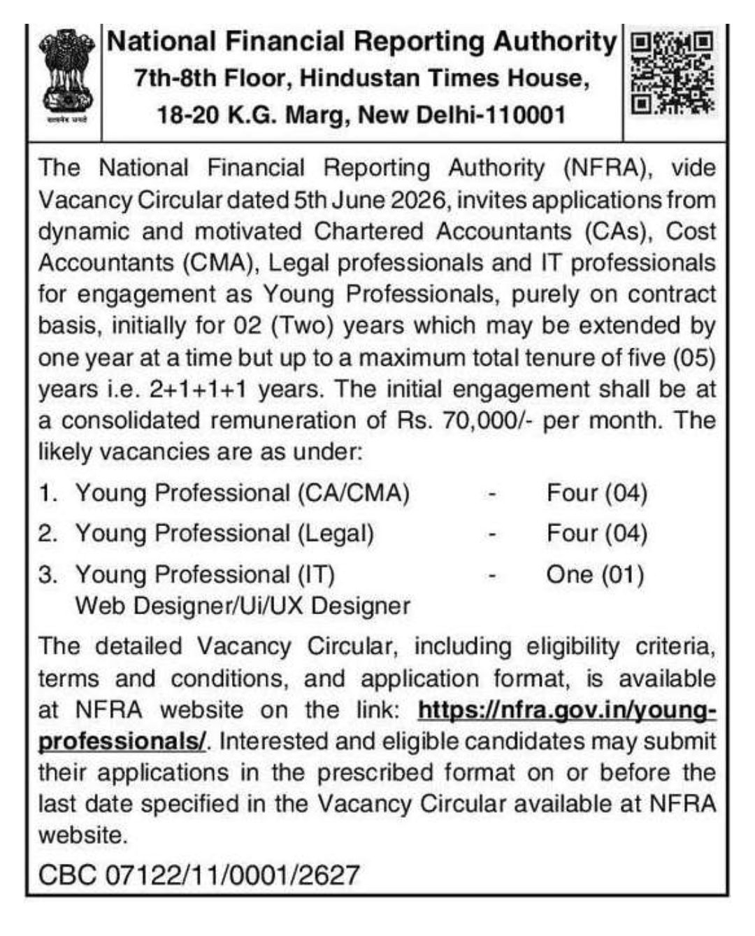 NFRA Invites Applications for Young Professionals on Contract Basis 2026