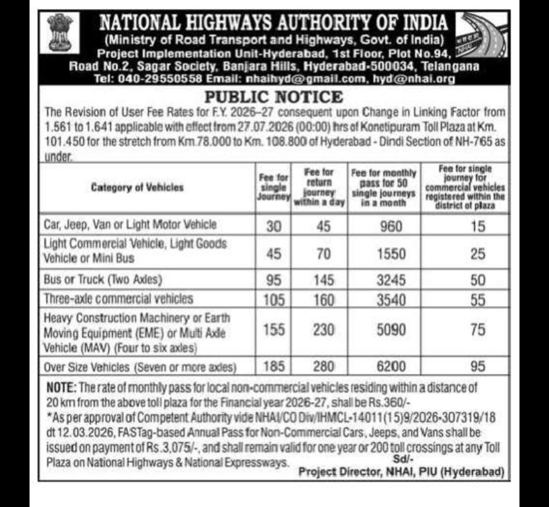 NHAI Announces Revised Toll Charges – Konetipuram Toll Plaza (NH-765)