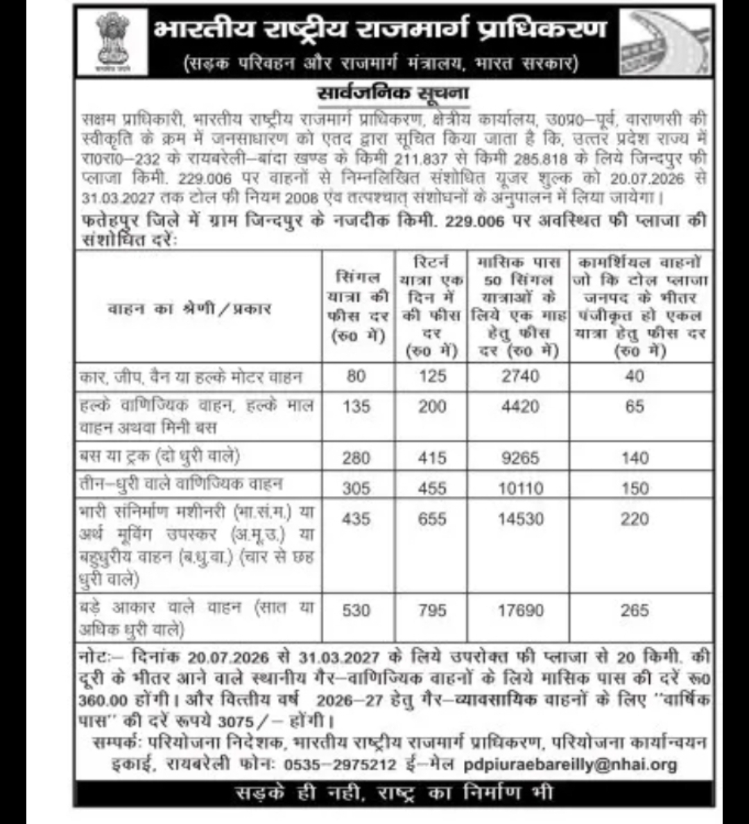 NHAI Revises Toll Rates at Jindpur Toll Plaza on NH-232 (Raebareli–Banda Section)
