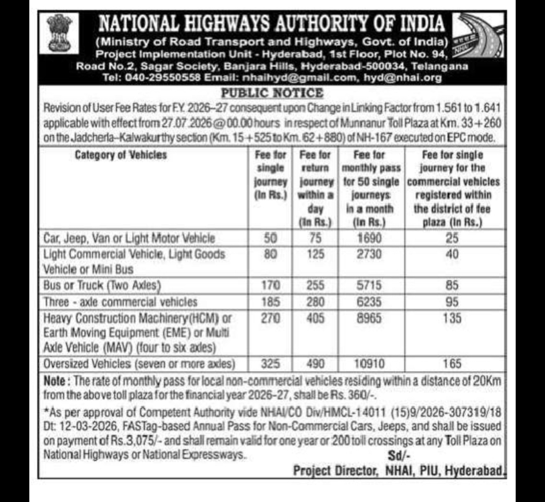 NHAI Revises Toll Rates – Munnanur Toll Plaza (NH-167)