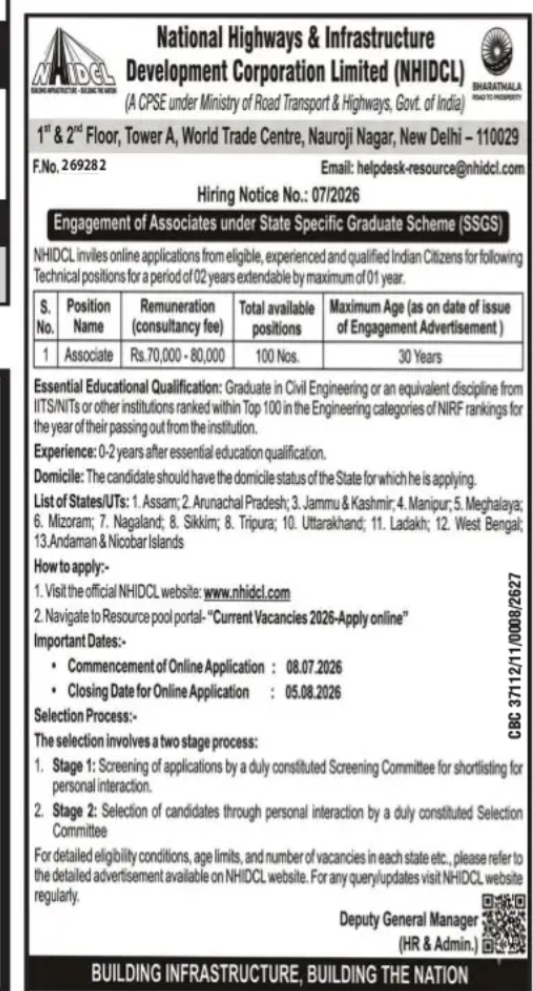 NHIDCL Recruitment 2026 – Associate (Civil Engineering)