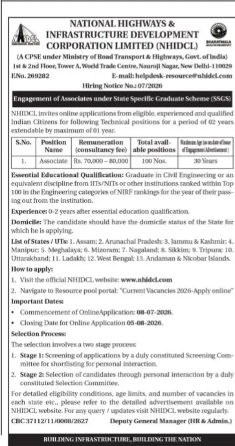 NHIDCL Recruitment 2026 | Associate (State Specific Graduate Scheme - SSGS) | 100 Vacancies