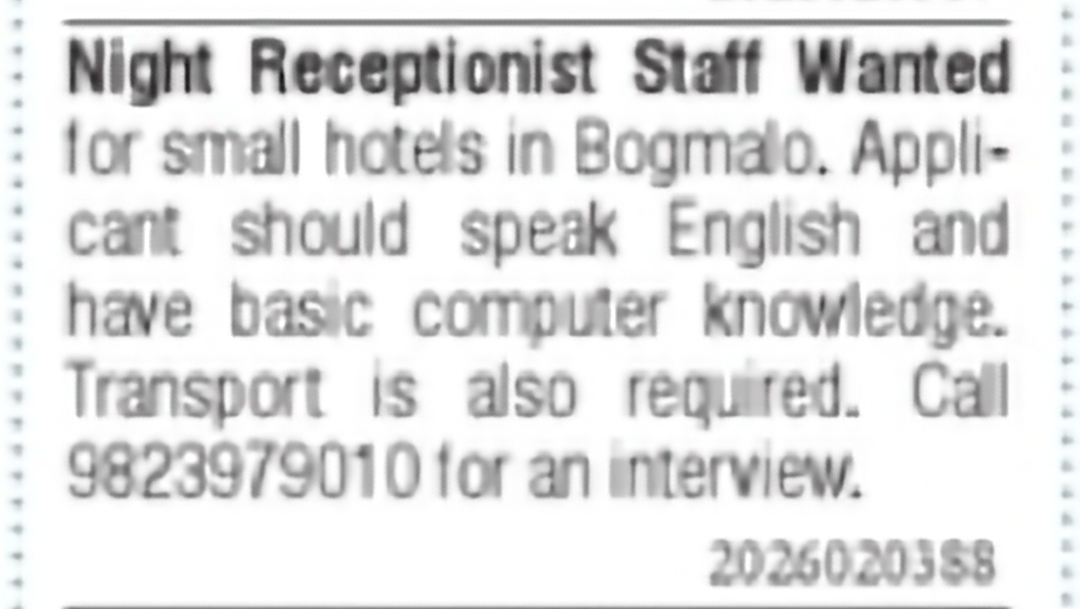 Night Receptionist – Bogmalo Hotels