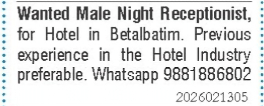 Night Receptionist Required for Hotel