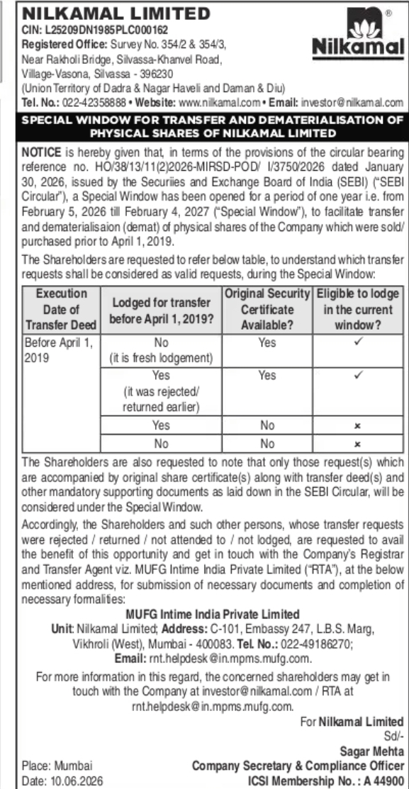 Nilkamal Limited Opens Special Window for Transfer and Dematerialisation of Physical Shares