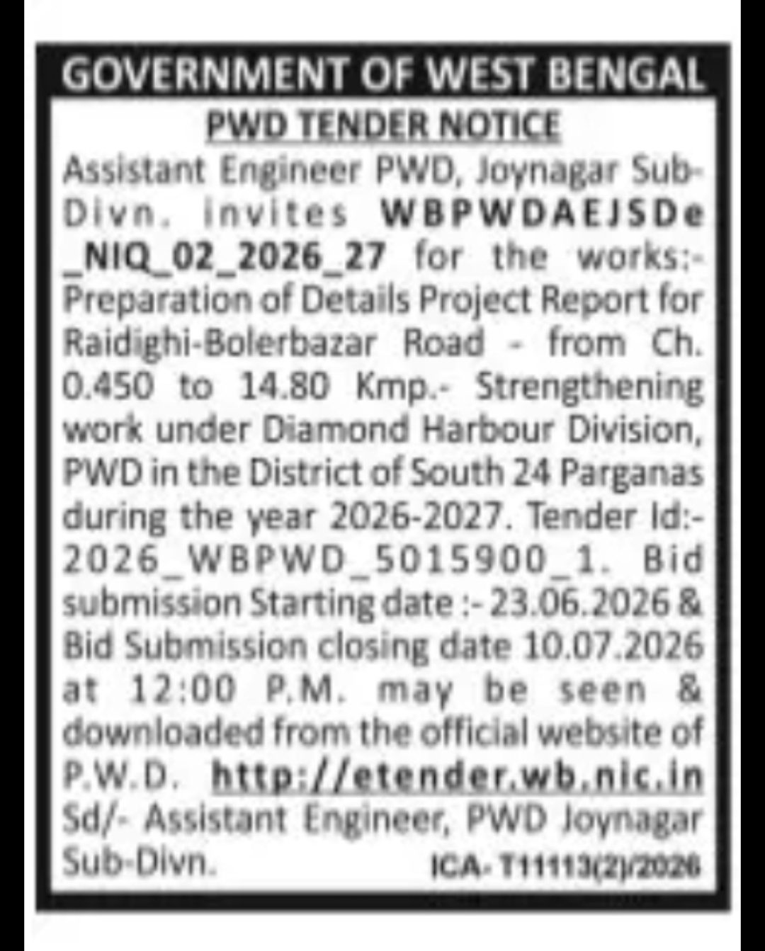 NIQ for Preparation of DPR for Raidighi–Bolerbazar Road under Joynagar Sub-Division PWD
