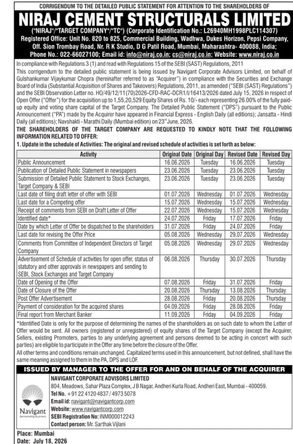 NIRAJ Cement Structurals Limited – Corrigendum to Open Offer Schedule (SEBI SAST Regulations, 2011)