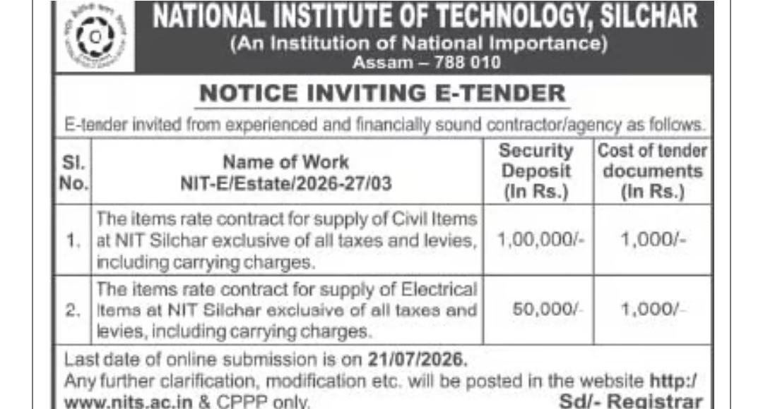 NIT Silchar Invites E-Tender for Supply of Civil & Electrical Items