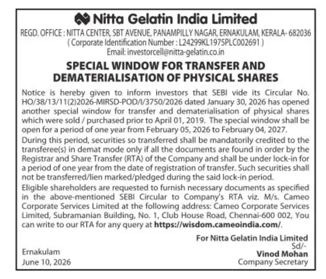 Nitta Gelatin India Limited – Special Window for Transfer and Dematerialisation of Physical Shares