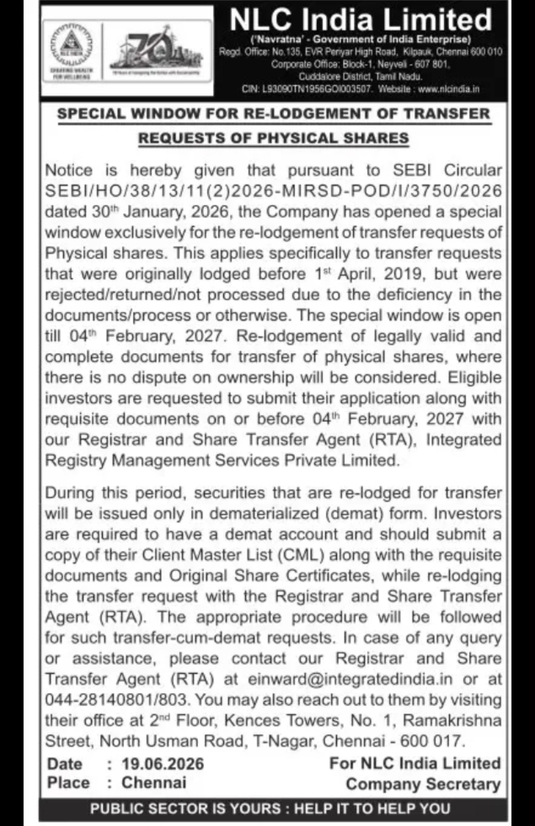 NLC INDIA LIMITED – Special Window for Re-lodgement of Physical Share Transfer Requests