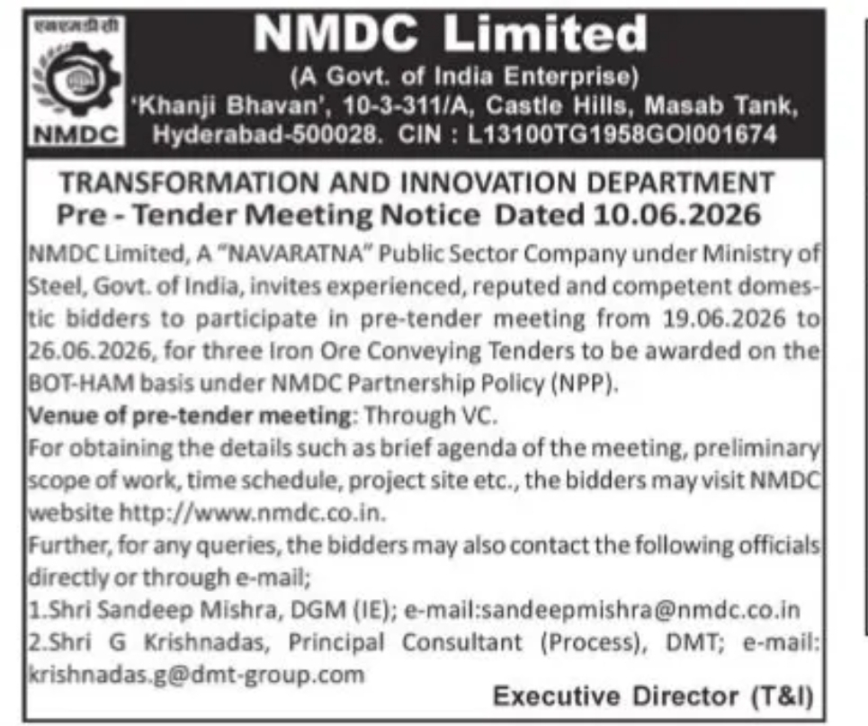 NMDC Invites Bidders for Pre-Tender Meetings on Iron Ore Conveying Projects under BOT-HAM Model