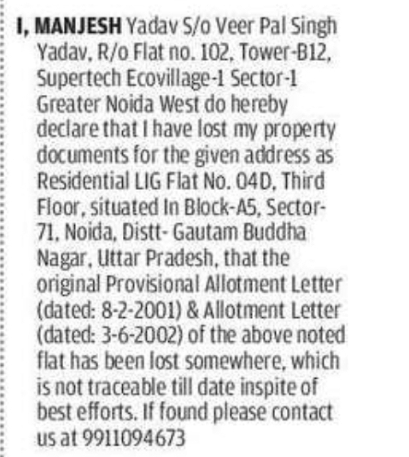 Noida Authority Flat – Lost Allotment Documents