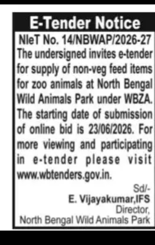 North Bengal Wild Animals Park Invites E-Tenders for Supply of Non-Veg Feed Items for Zoo Animals