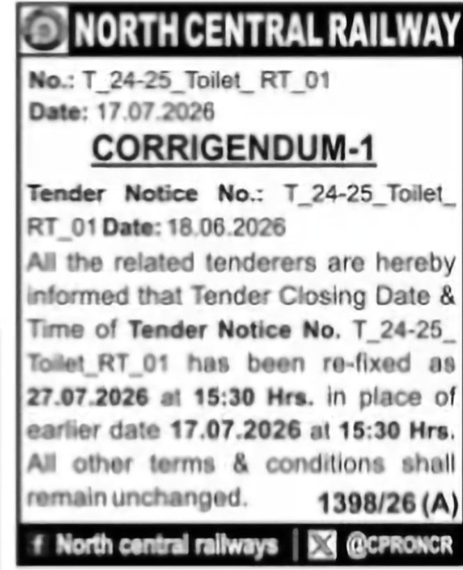 North Central Railway – Corrigendum Notice