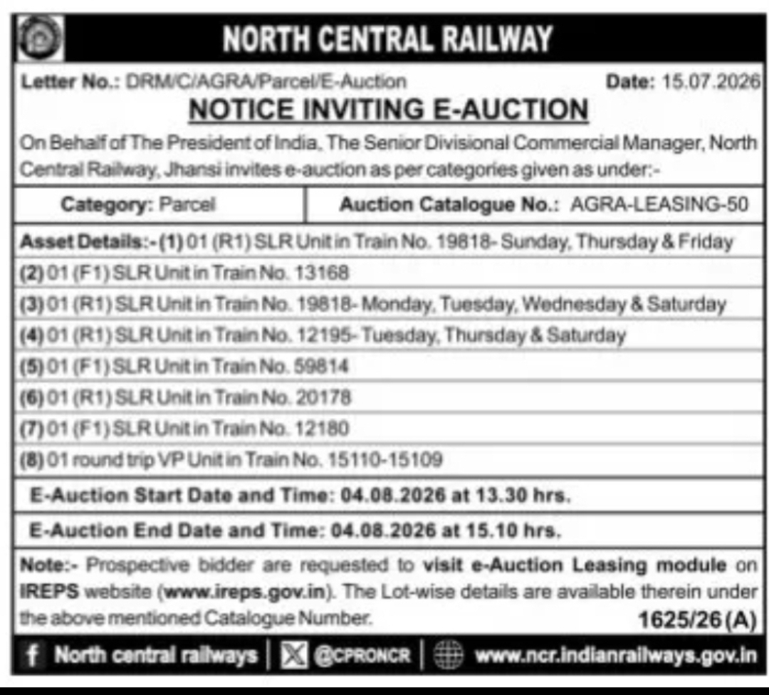 North Central Railway E-Auction for Parcel Leasing Opportunities