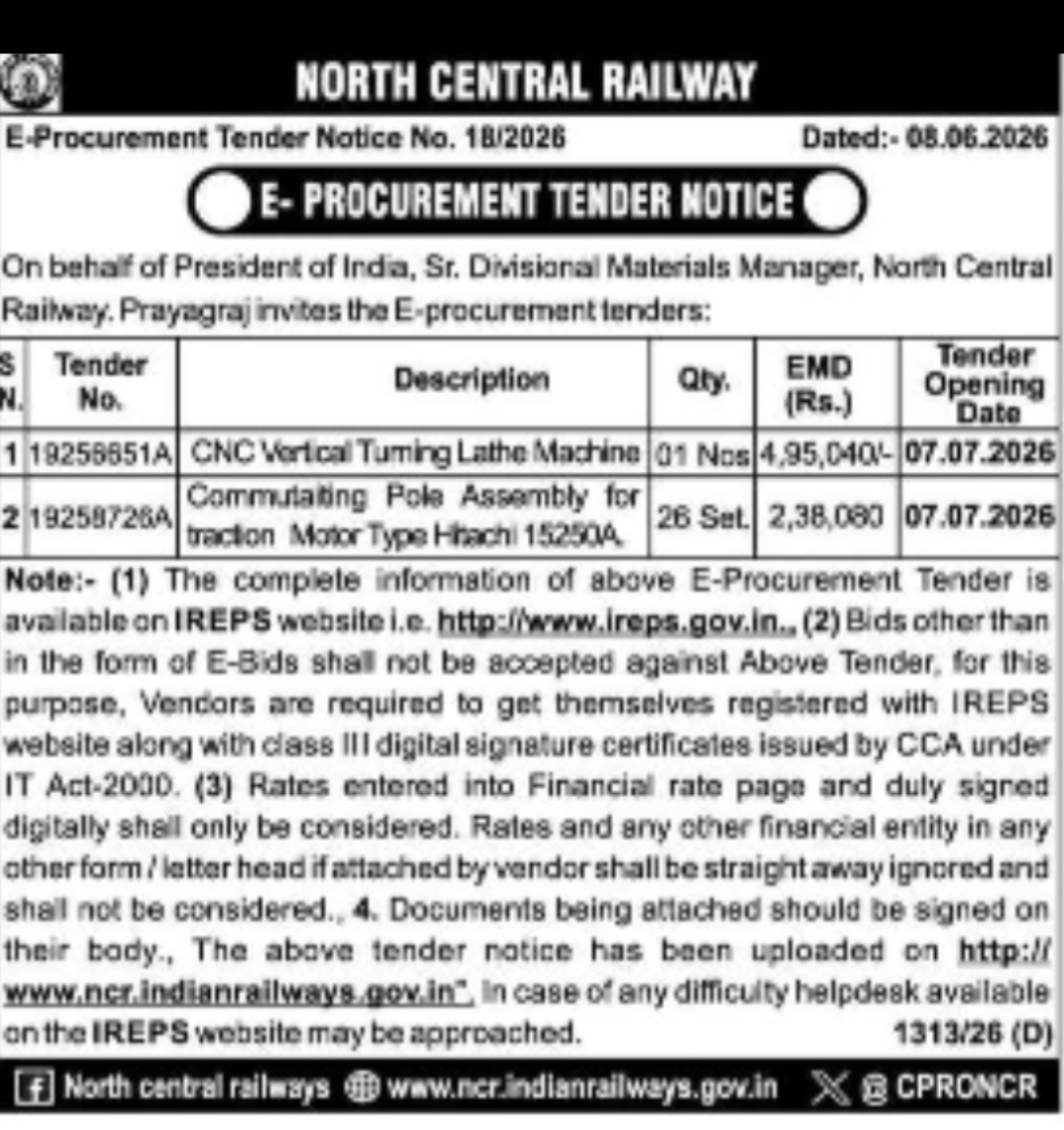 NORTH CENTRAL RAILWAY – E-PROCUREMENT TENDER NOTICE NO. 18/2026 (PRAYAGRAJ)