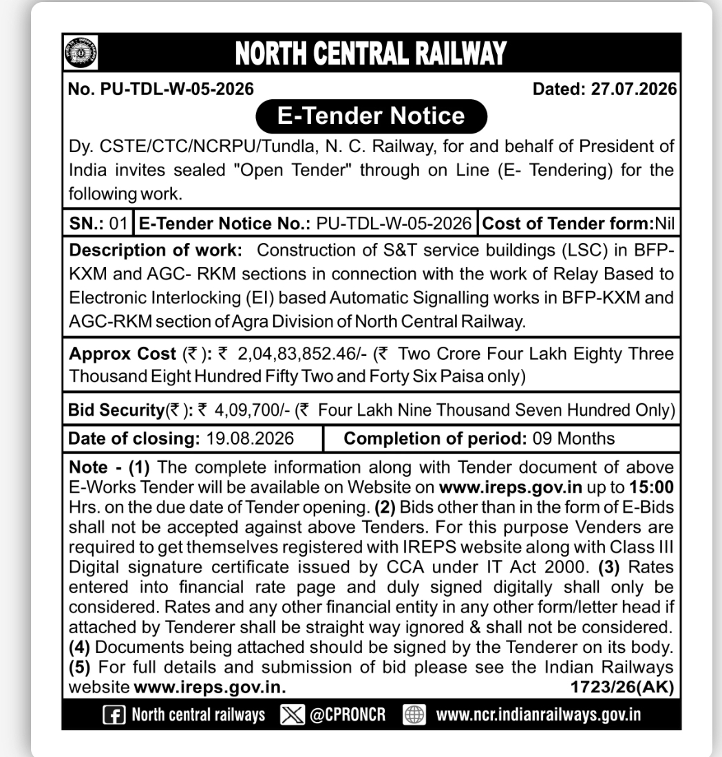 North Central Railway E-Tender Notice – Construction of S&T Service Buildings