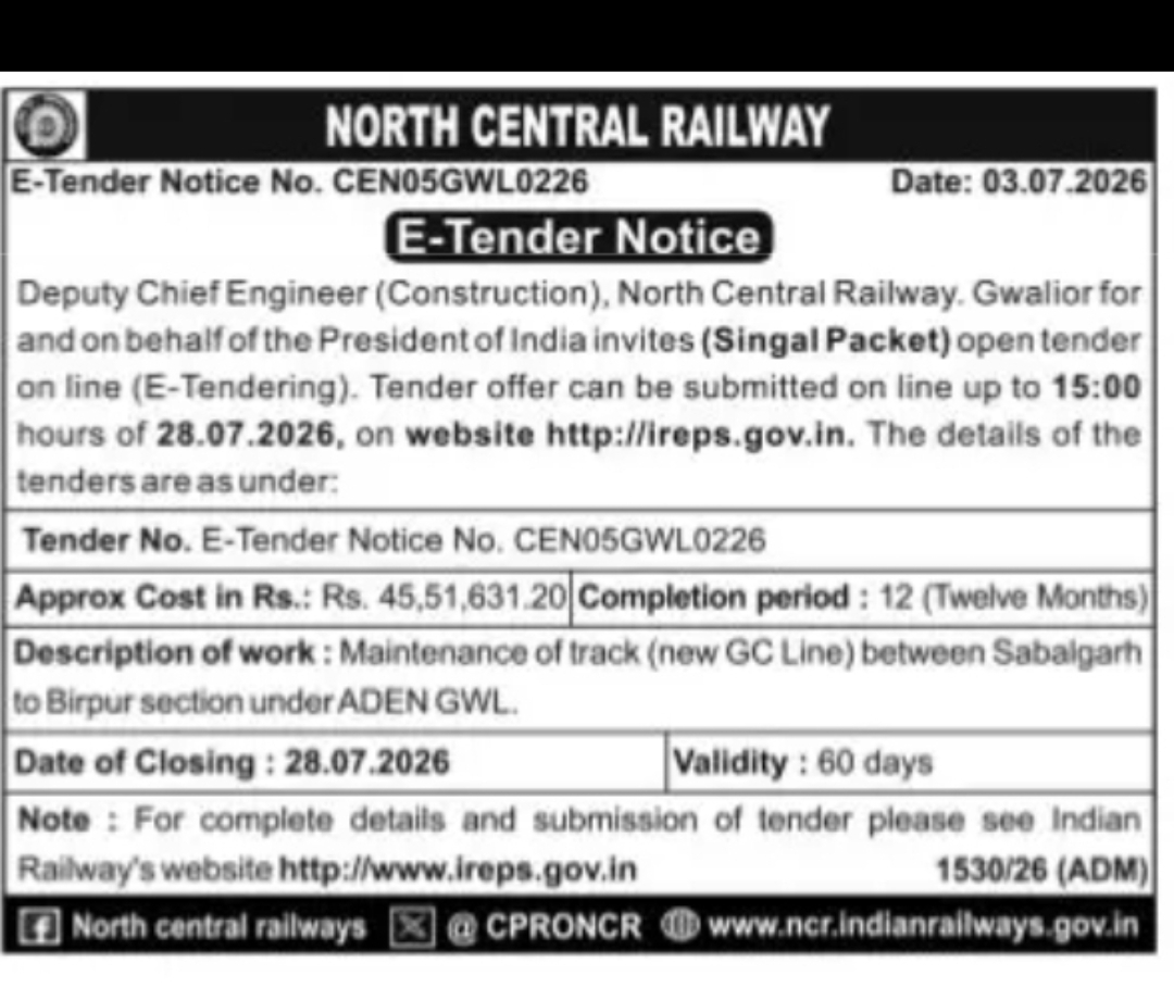 NORTH CENTRAL RAILWAY – E-TENDER NOTICE NO. CENO5GWL0226