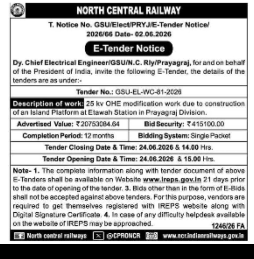 NORTH CENTRAL RAILWAY – E-TENDER NOTICE