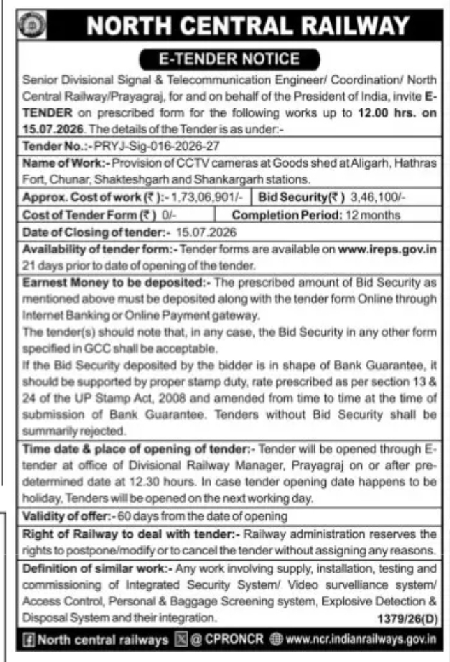 NORTH CENTRAL RAILWAY – E-TENDER NOTICE