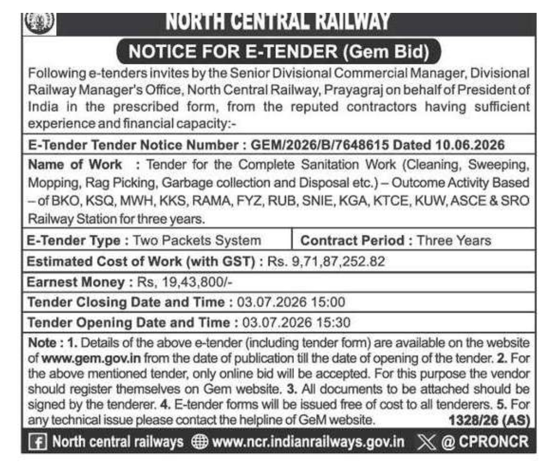 North Central Railway GeM E-Tender for Complete Sanitation Services Across Multiple Stations (3-Year Contract)