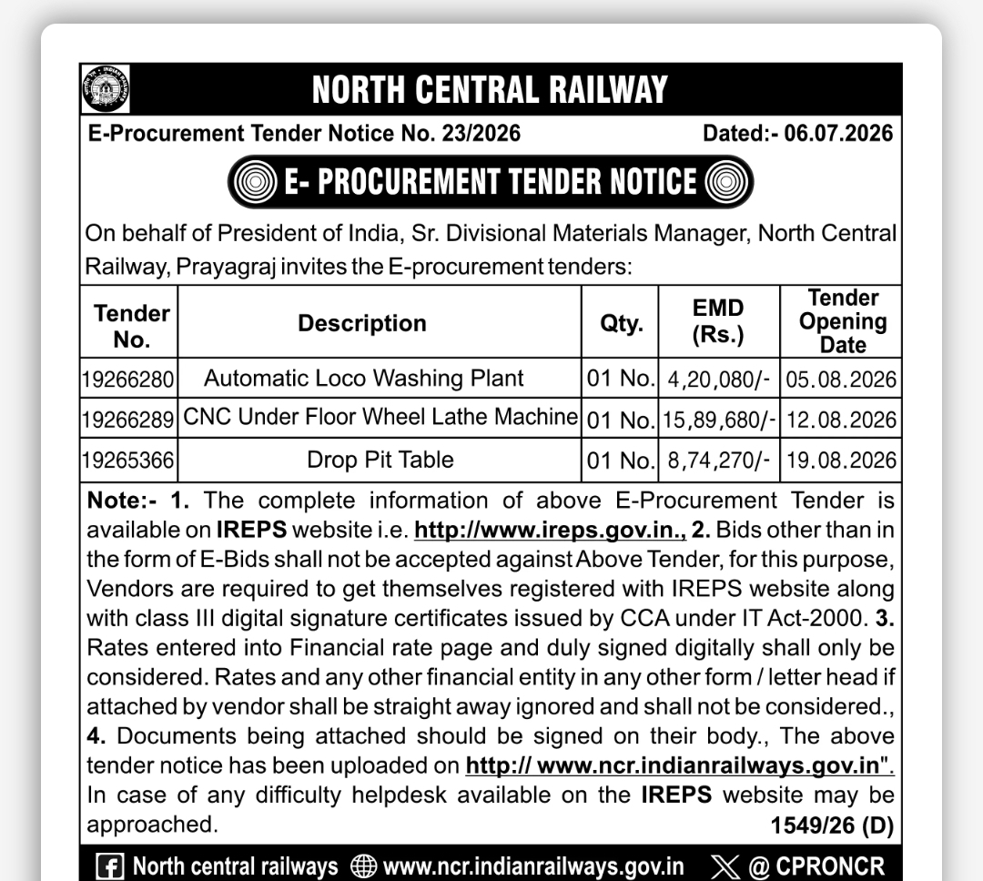 North Central Railway Invites E-Procurement Tenders for Machinery and Equipment