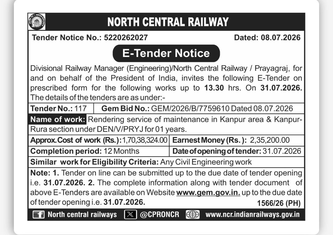 North Central Railway Invites E-Tender for Maintenance Services in Kanpur Area