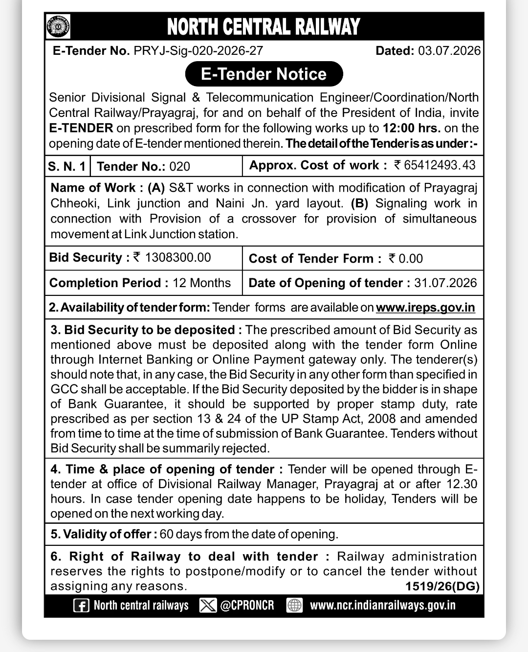 North Central Railway Invites E-Tender for S&T Works at Prayagraj Chheoki, Link Junction & Naini Junction