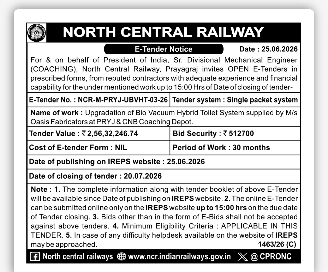 North Central Railway Invites E-Tenders for Bio Vacuum Hybrid Toilet System Upgradation