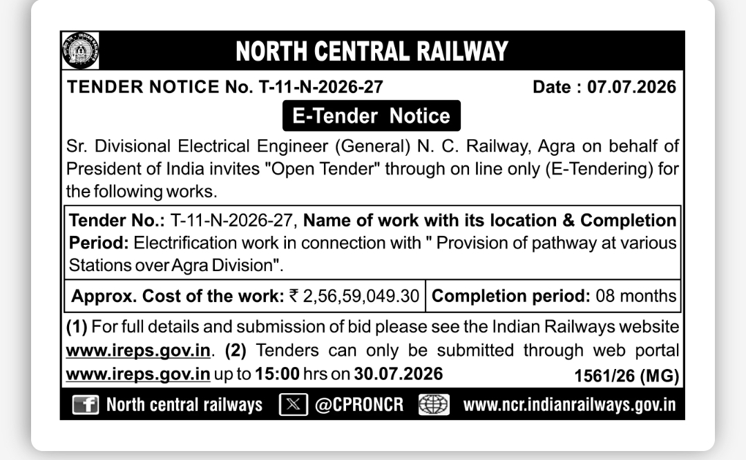 North Central Railway Invites E-Tenders for Electrification Work at Agra Division