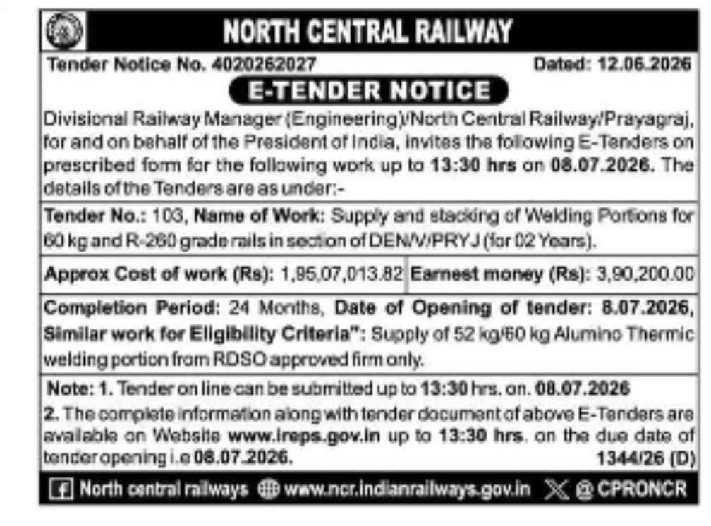 North Central Railway Invites E-Tenders for Supply and Stacking of Welding Portions