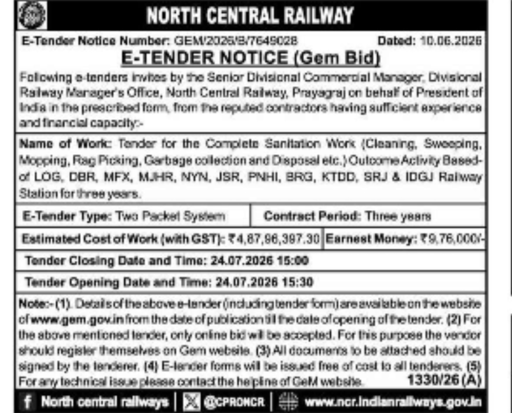 North Central Railway Invites GeM Bids for Three-Year Sanitation Services Contract at Multiple Railway Stations