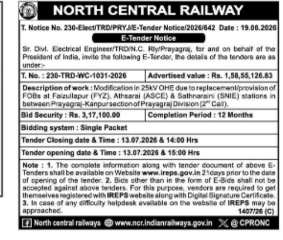 North Central Railway Prayagraj Division – OHE Modification Work Tender