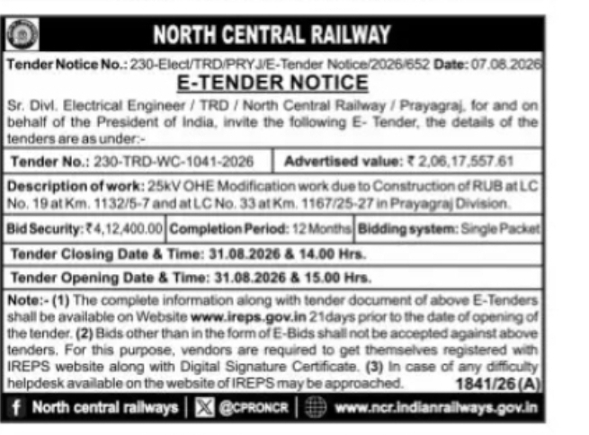 NORTH CENTRAL RAILWAY – PRAYAGRAJ | E-TENDER