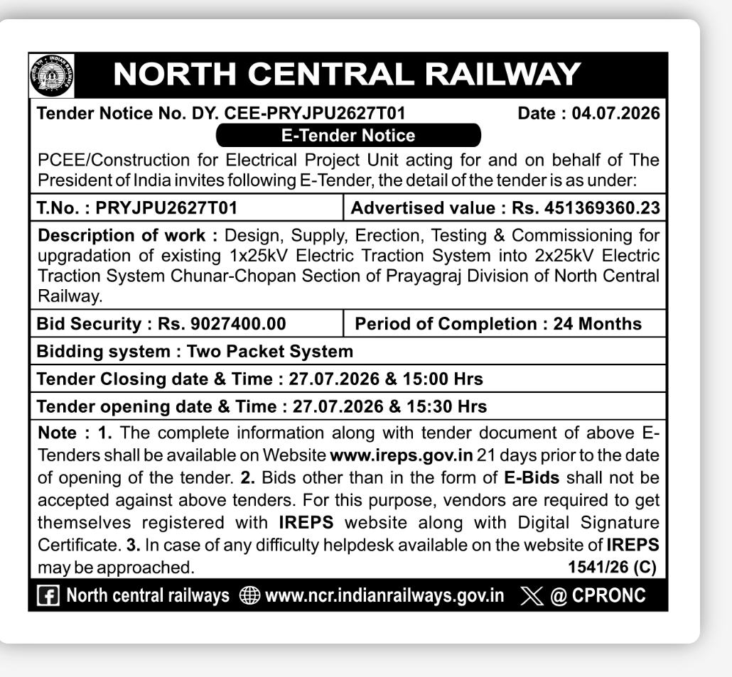 North Central Railway Tender for 2x25kV Electric Traction System Upgradation Work – Prayagraj Division