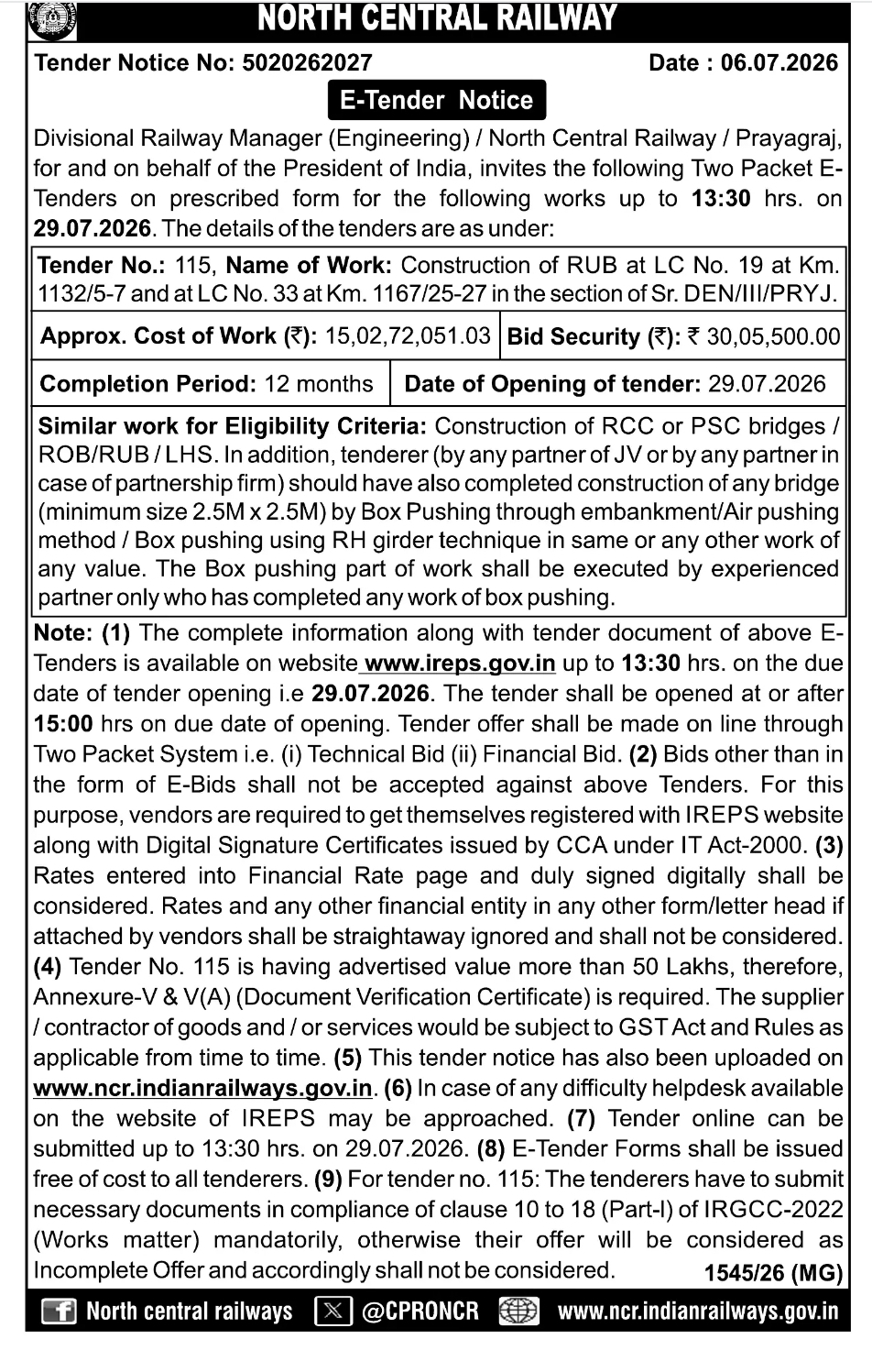 North Central Railway Tender Notice – Construction of RUB Works at Prayagraj