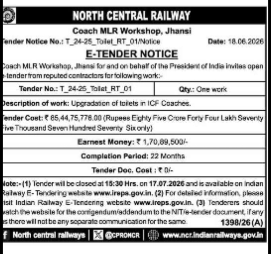 North Central Railway Tender Notice (Jhansi Workshop)