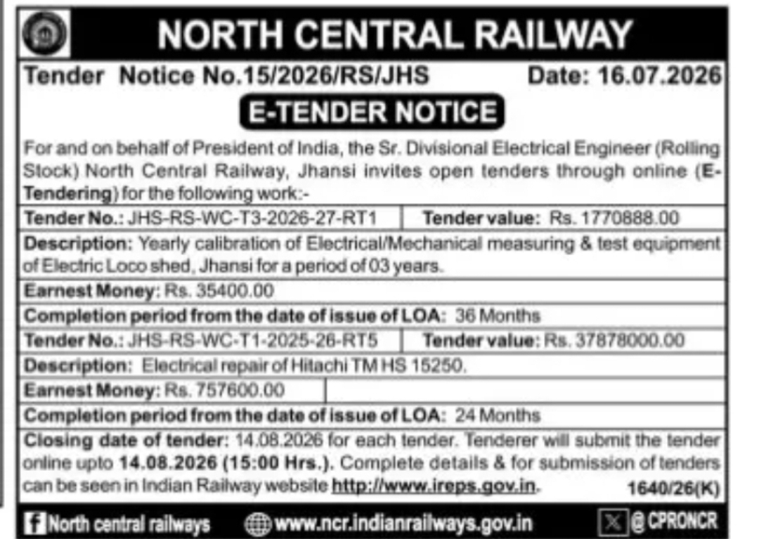 North Central Railway Tender Notice No. 15/2026/RS/JHS – Electrical Repair of Hitachi TM HS 15250