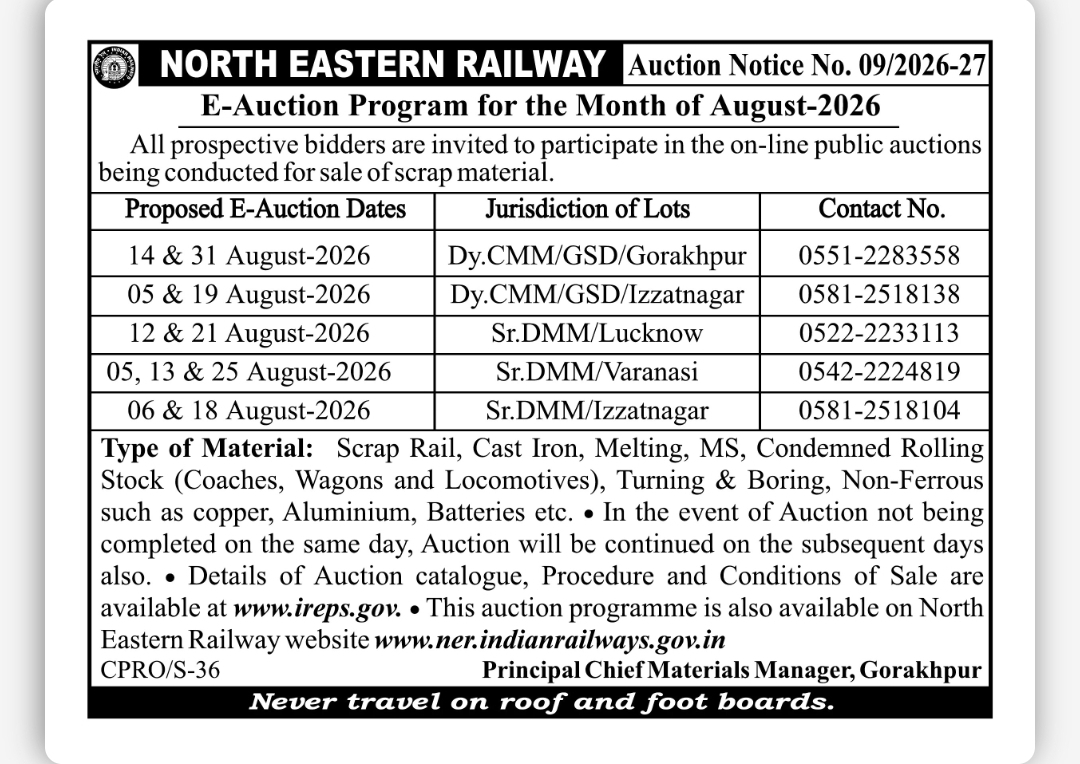North Eastern Railway E-Auction Notice No. 09/2026-27 – Scrap Material Auction (August 2026)