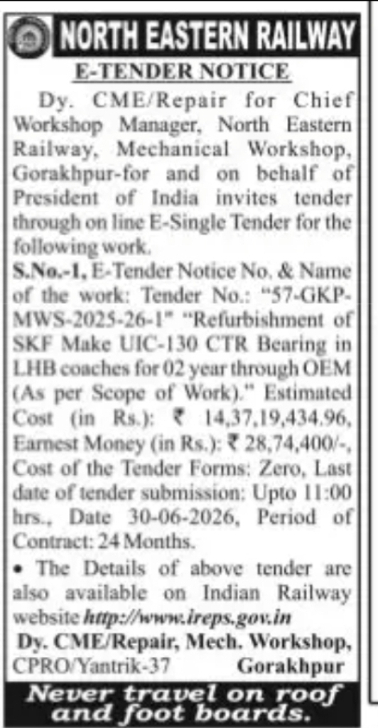 NORTH EASTERN RAILWAY – E-TENDER (Gorakhpur Workshop)