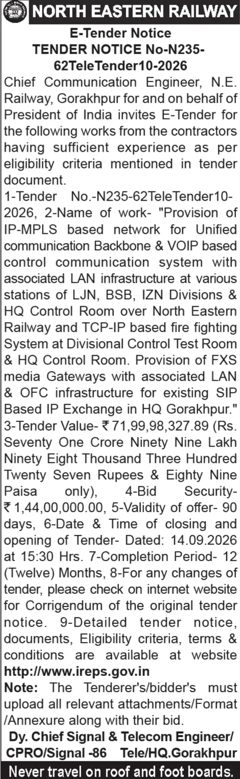 North Eastern Railway Invites E-Tender for IP-MPLS Network & Unified Communication Infrastructure
