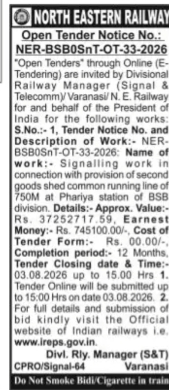 North Eastern Railway Invites E-Tender for Signalling Work at Phariva Station