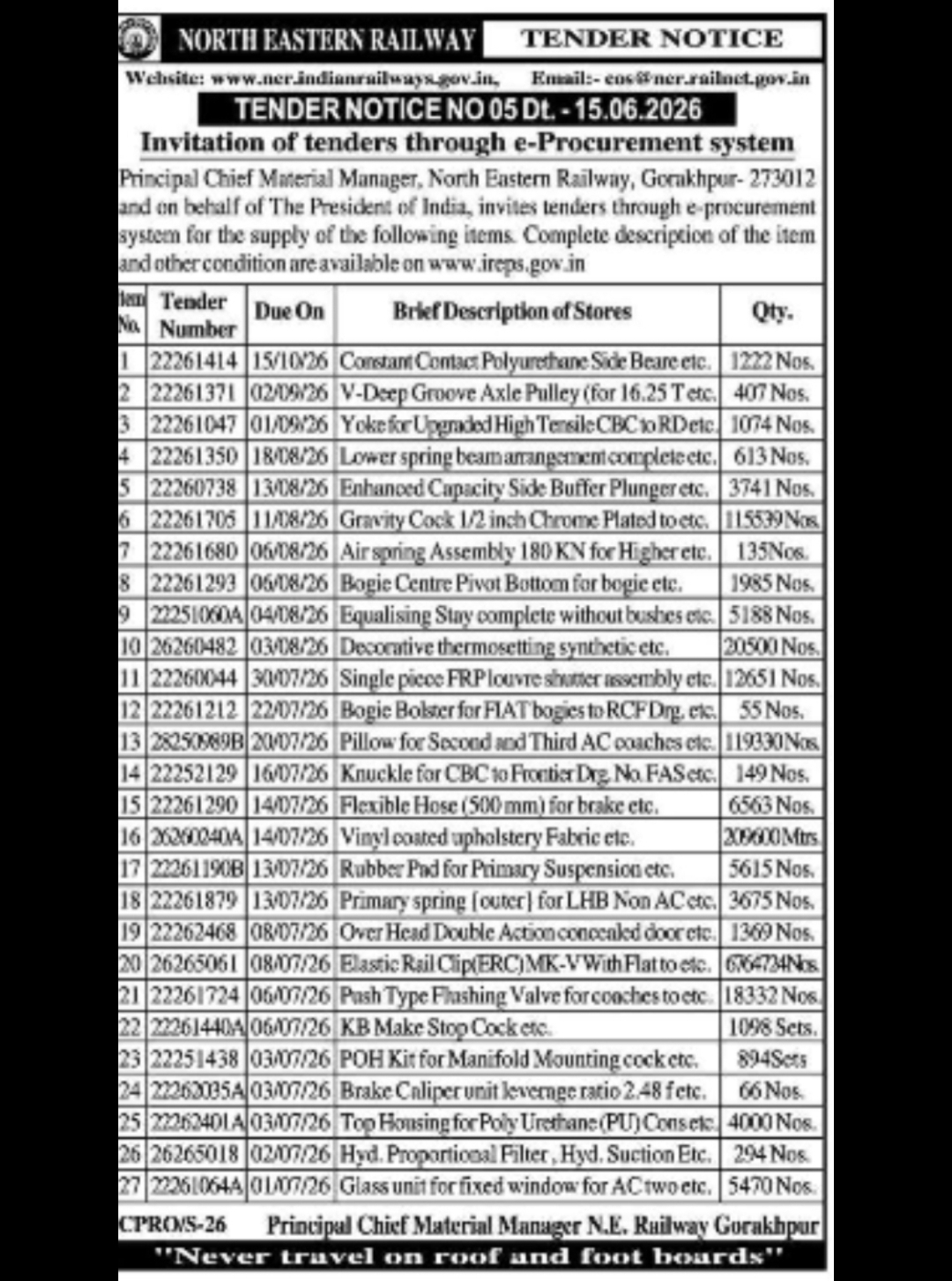 NORTH EASTERN RAILWAY (NER), GORAKHPUR E-PROCUREMENT TENDER NOTICE