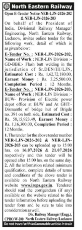 North Eastern Railway – Open E-Tender Notice (NER-LJN-2026-202 & NER-LJN-2026-203)