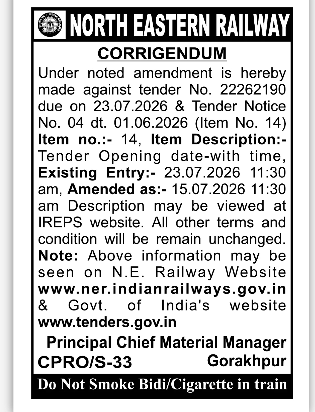 North Eastern Railway Tender Corrigendum Notice – Tender Opening Date Revised
