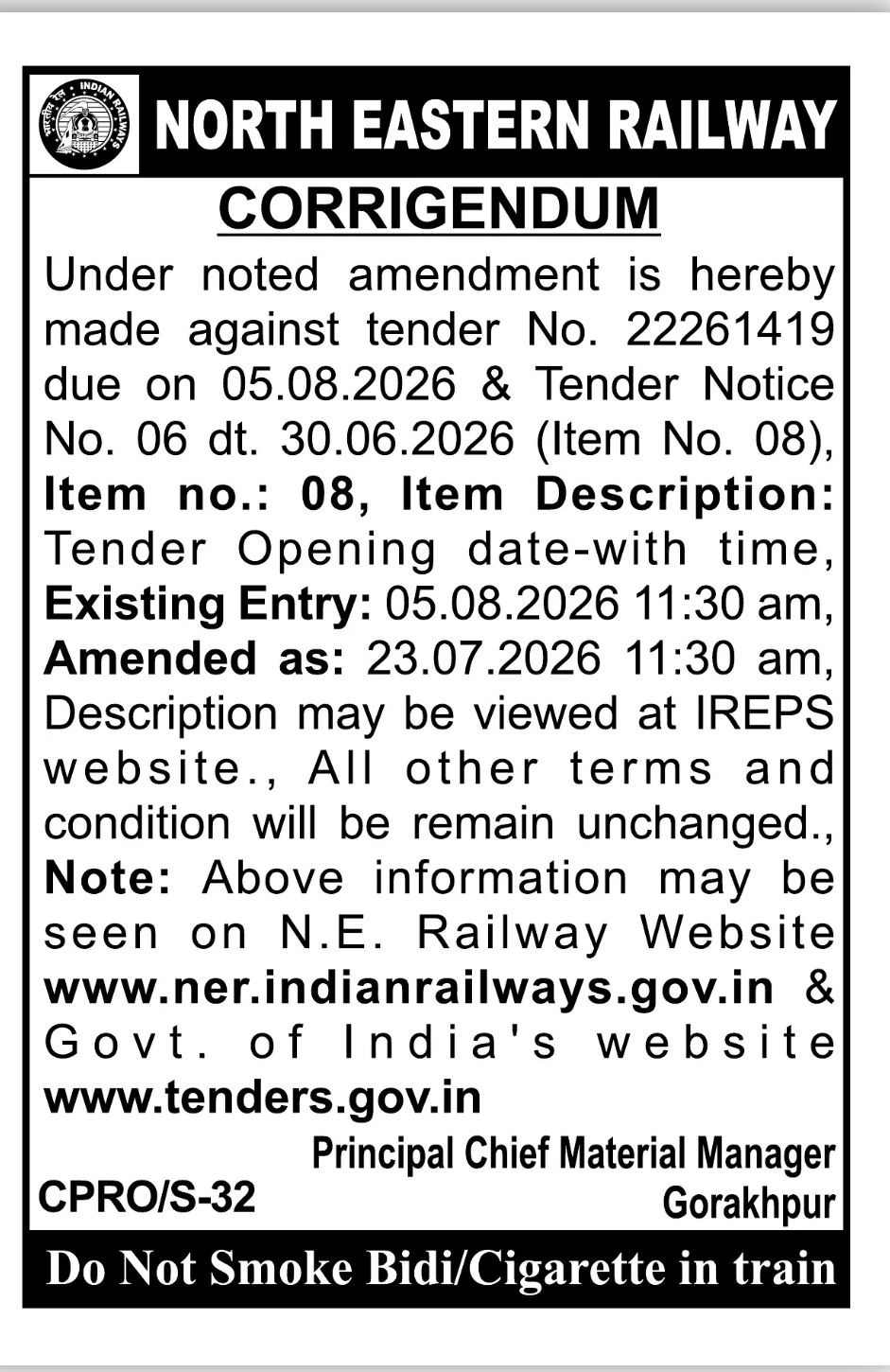 North Eastern Railway Tender Corrigendum – Tender No. 22261419