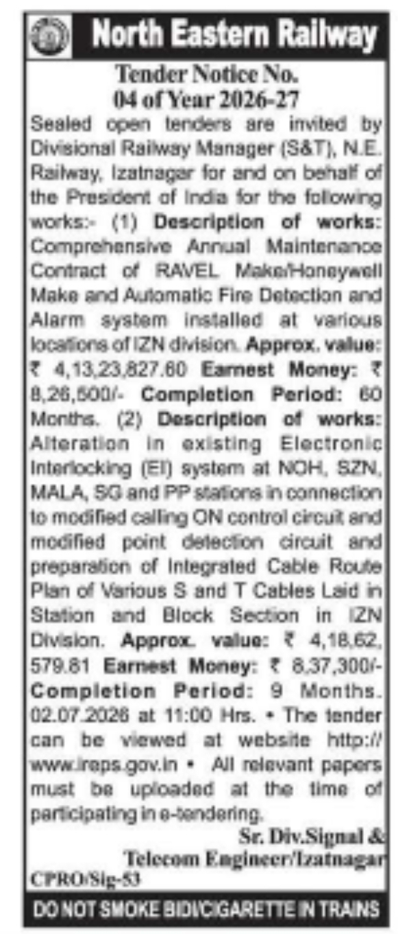 North Eastern Railway Tender Notice 2026-27 – Izatnagar Division (S&T Works)
